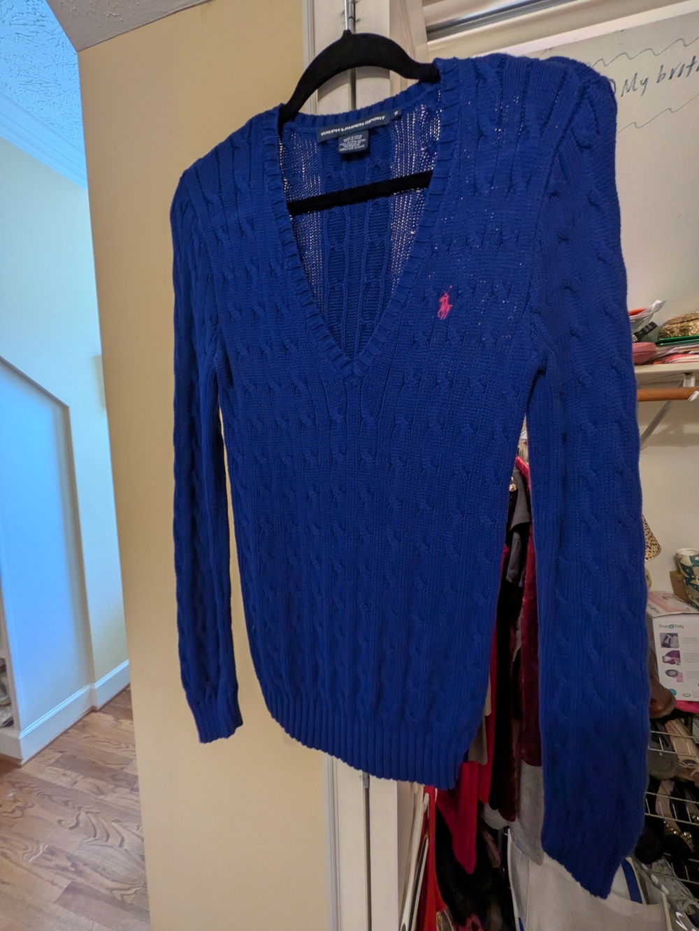 Ralph Lauren Women's Royal Blue V-Neck Cable Knit Sweater